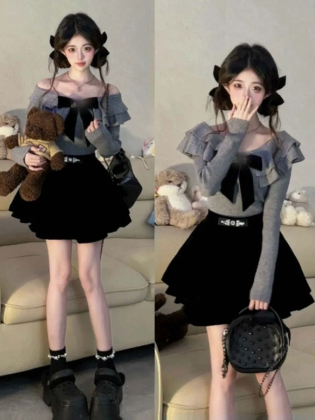 

Spring OOTD Cake Velvet Top And Skirt Slim Fit Knitted Set Comfortable Mid-Spring Fashion College Style Women's Ensemble