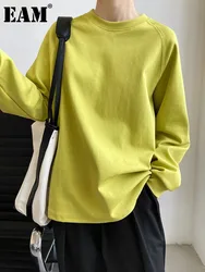 [EAM] Green White Brief Casual  Sweatshirt New Round Neck Long Sleeve Women Big Size Fashion Tide Spring Autumn 2023 1DH6657