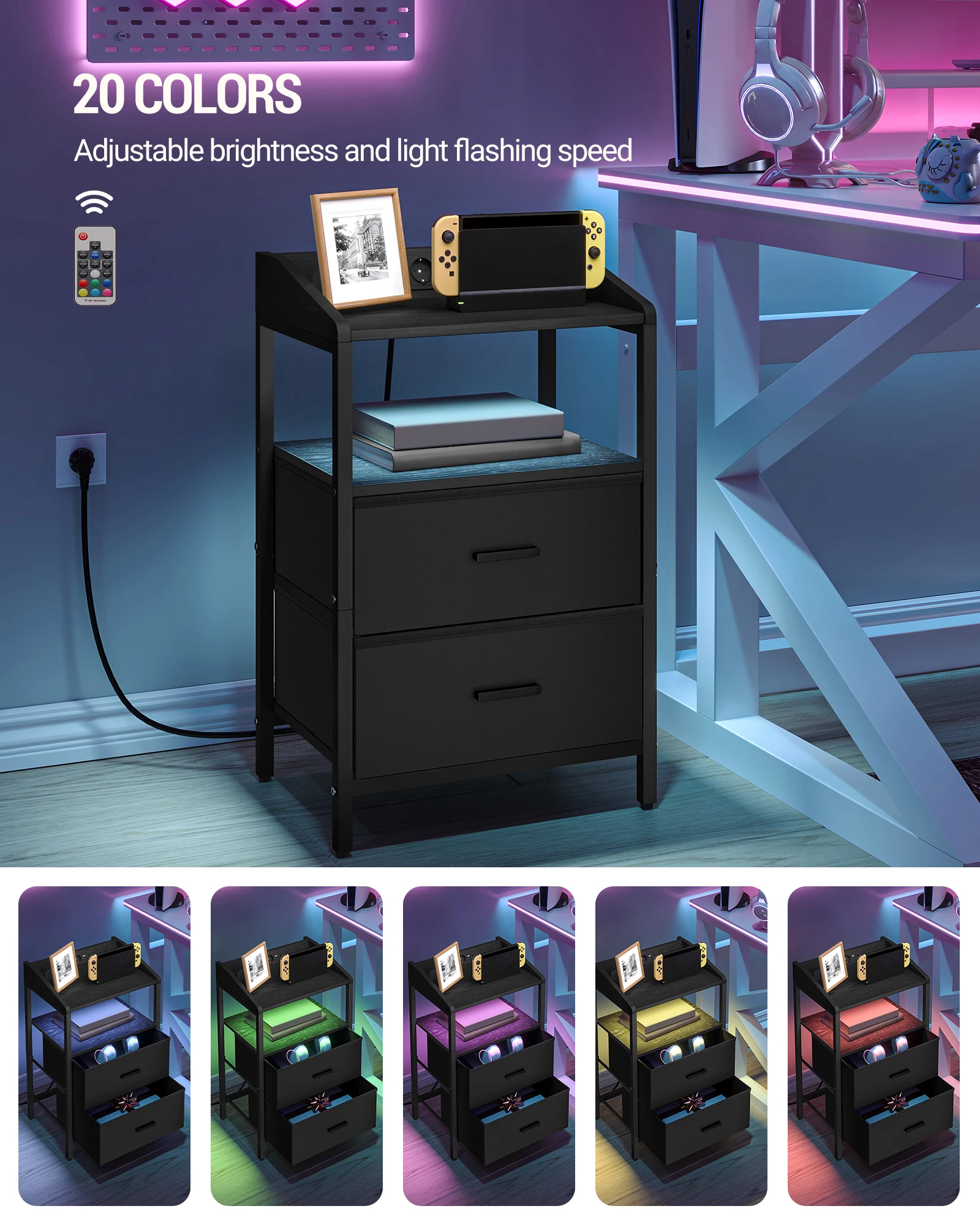 طاولة بجانب السرير من هزوانري مع أضواء LED ومحطة شحن، وطاولة جانبية مع درجين من القماش ورفوف، مع منافذ USB #5