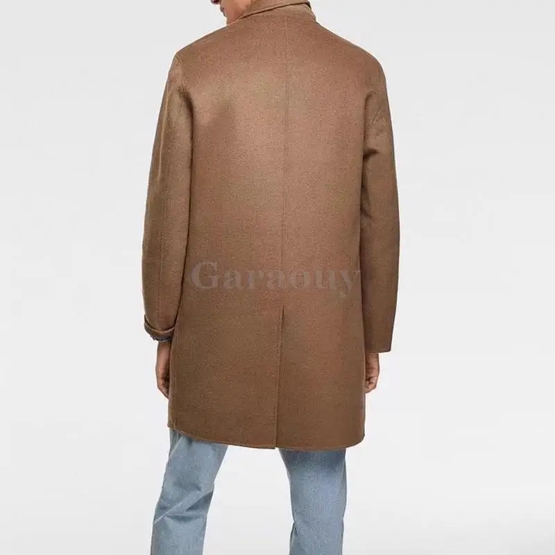 Garaouy 2023 Winter Men Vintage Solid Single Breasted Woolen Coat Male Casual Loose Simple Mid Length Overcoat Business Jacket