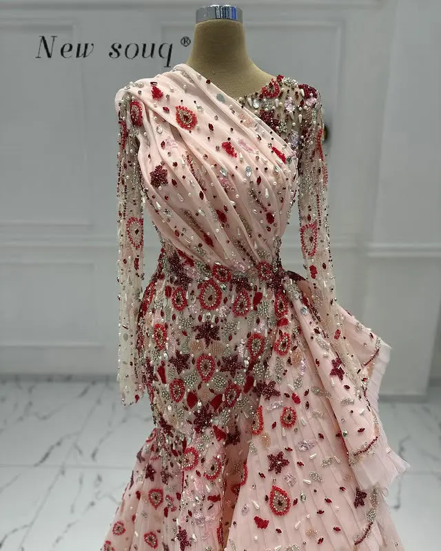 Luxury Pink Heavy Beading Asymmetry Wedding Evening Dresses Customized Dubai Long Sleeves Gorgeous Pageant Events Party Gowns