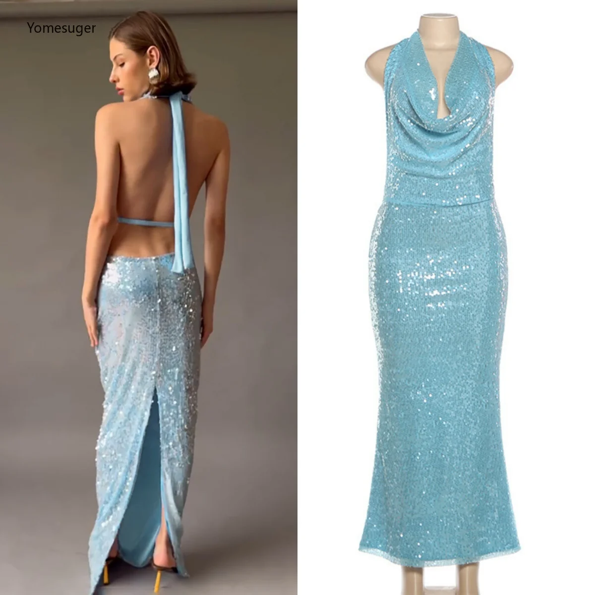 

Yomesugar сексуальное длинное вечернее платье с открытой спиной и блестками, женское облегающее вечернее платье с воротником-хомутом и завязкой на талии, Клубная одежда