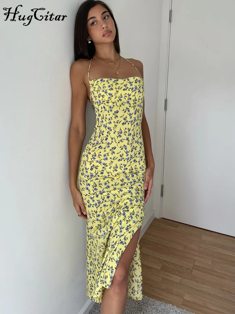 Hugcitar stampa floreale Slip senza maniche Backless Sexy fessura Maxi abito da ballo estate donna elegante Y2K vestiti Beach Festival Party