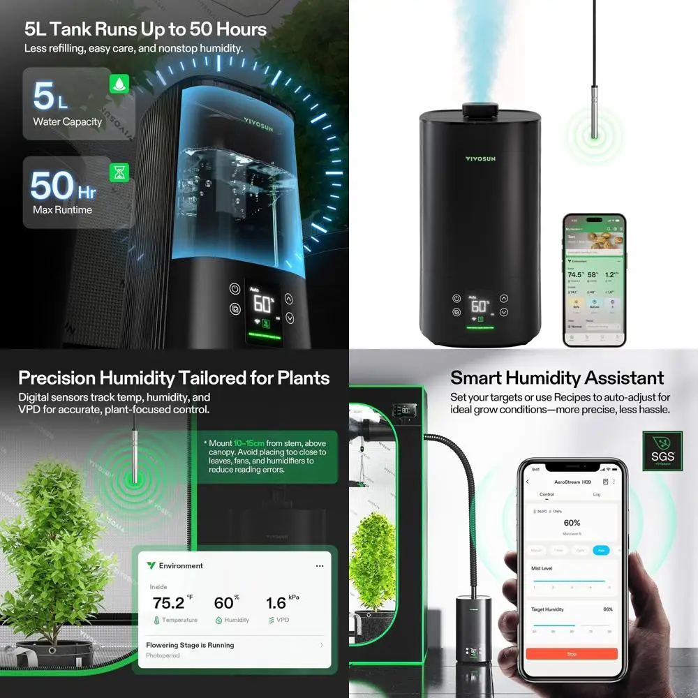 

Интеллектуальный увлажнитель воздуха Wi-Fi объемом 1,32 галлона с мониторингом температуры и влажности для роста растений