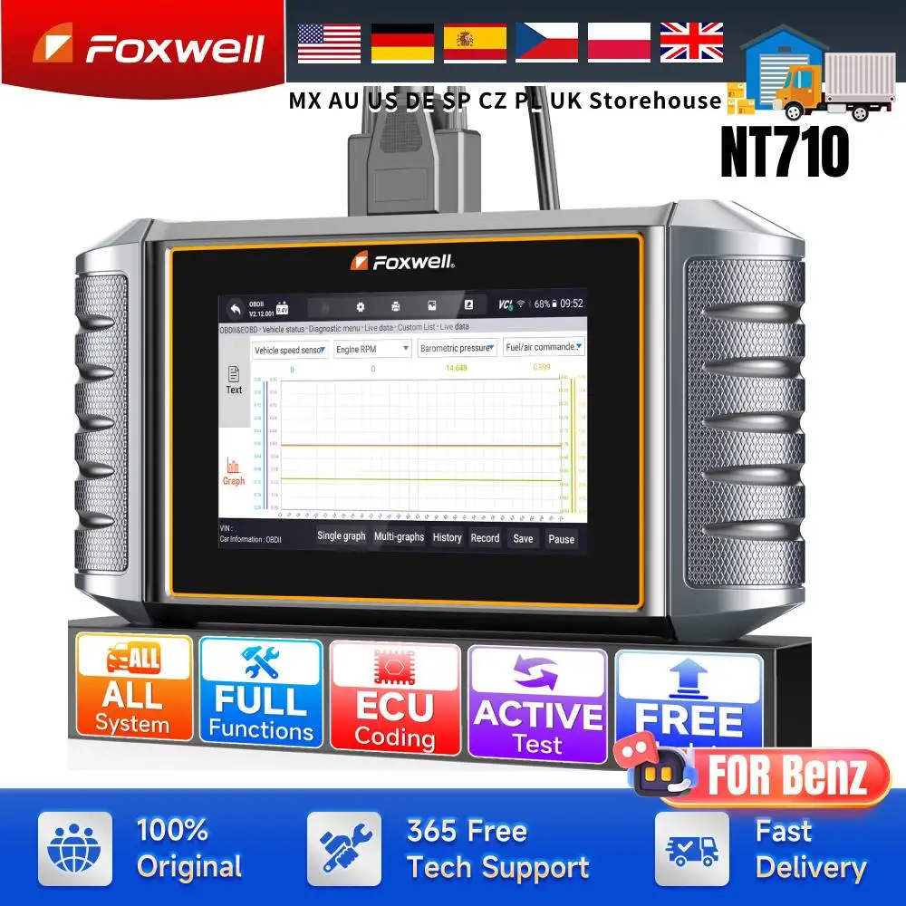 

FOXWELL NT710 для Benz автомобильный OBD2 сканер диагностический инструмент ECU кодирование ключей двунаправленное управление полные системы 34 + сброс пожизненный бесплатно