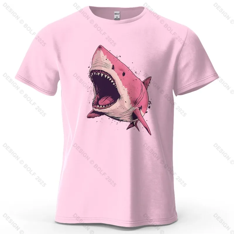 Pink Shark Cartoon Pattern Printed Short Sleeved Summer New Personalized Men's and Women's Casual Soft Skin Friendly T-shirt