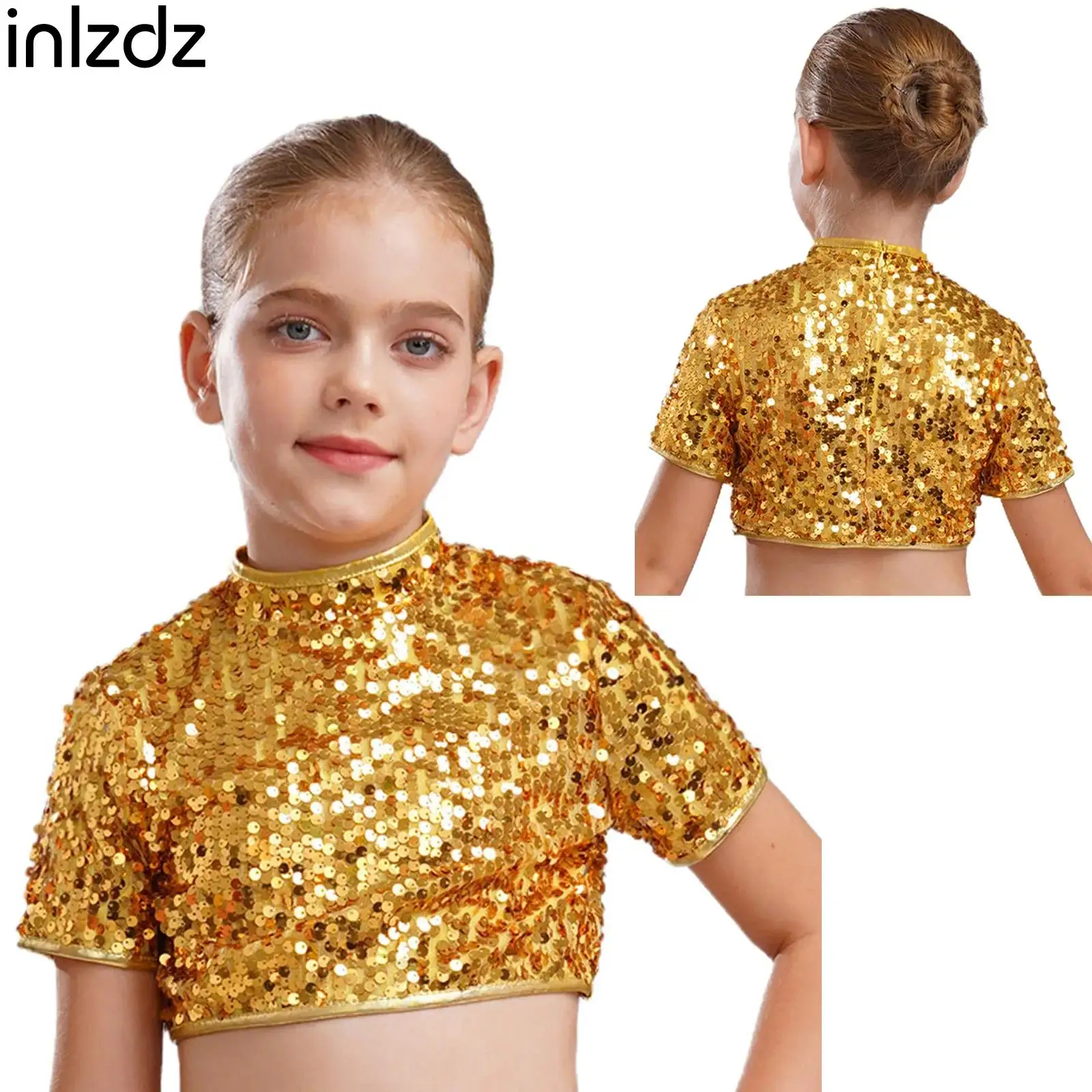 

Kid Girl Jazz Hip-pop Street Modern Dance Tops Costume Short Sleeve Sequins Crop Top for Performance Cheerleading Birthday Party