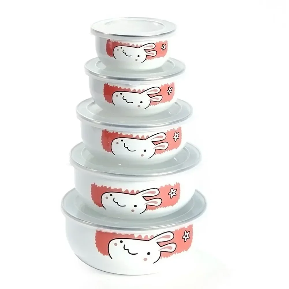 5Pcs/ enamel bowl Set Creative Flower Animal Enamel Bowls Salad Food Bowls with Plastic Covers for Home Kitchen