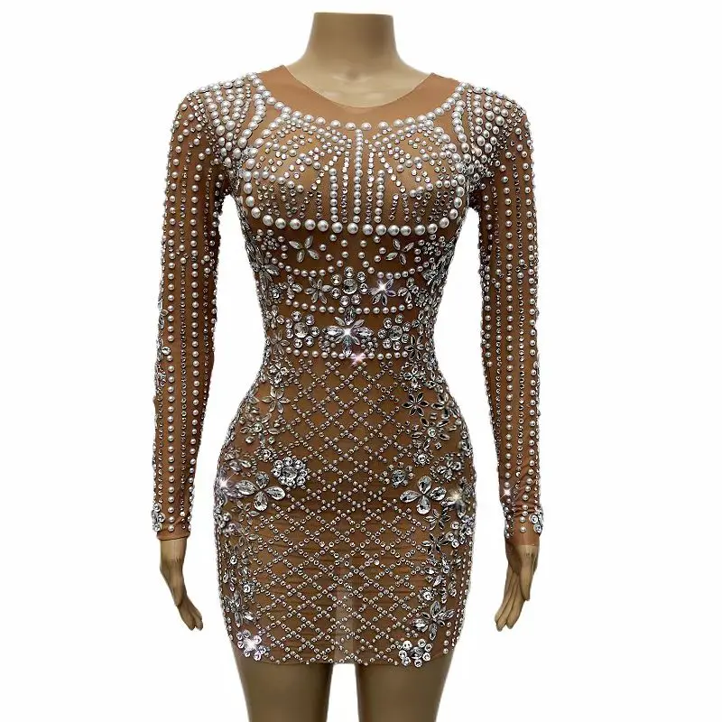 

Sparkly Pearl Rhinestones Sexy Transparent Short Dress Women Singer Stage Performance Costume Birthday Evening Celebrate Outfits