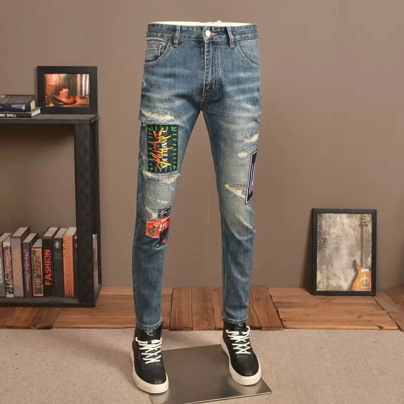 Street Fashion Men Jeans Retro Blue Elastic Embroidery Patchwork Skinny Ripped Jeans Men Patches Designer Hip Hop Pants Hombre