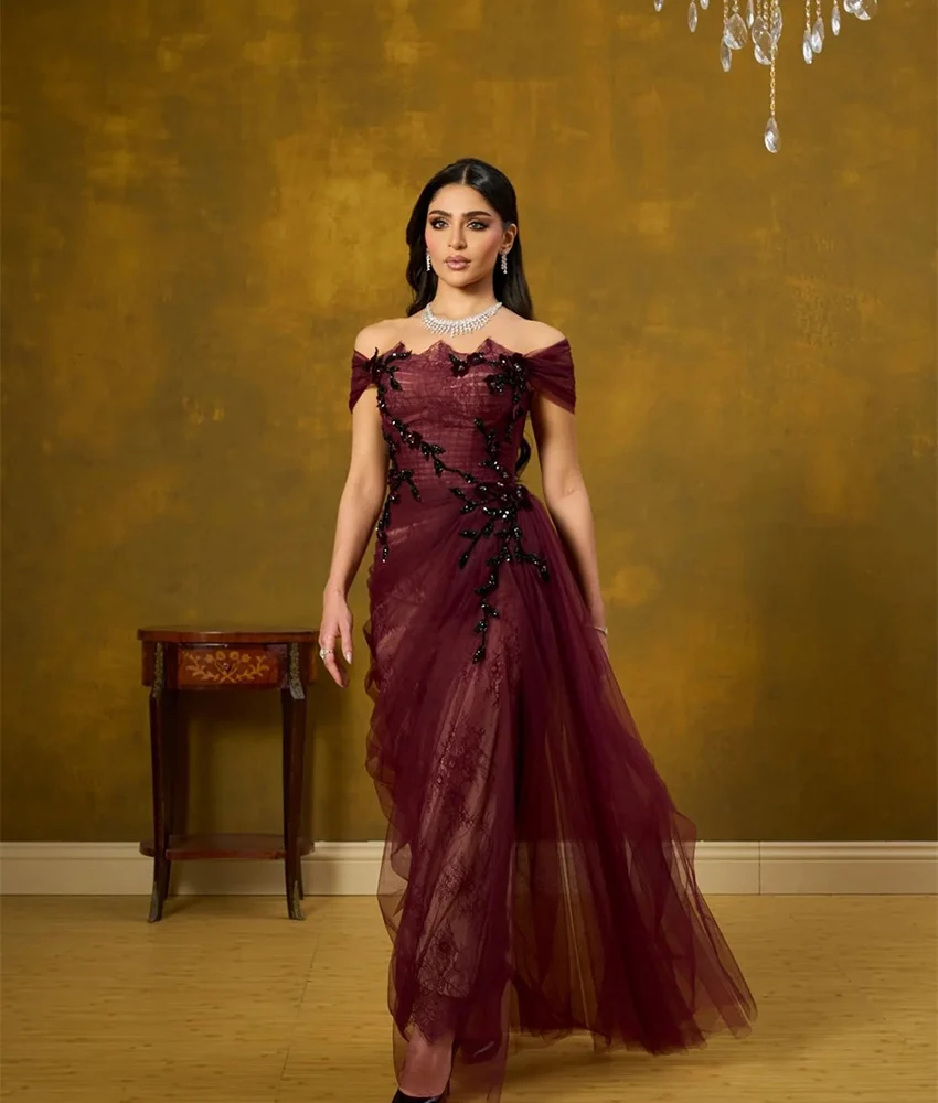 

Customized Exquisite Organza Straight Off the Shoulder Appliques Crystal Lace Evening Dress High Quality Boat Neck prom dresses