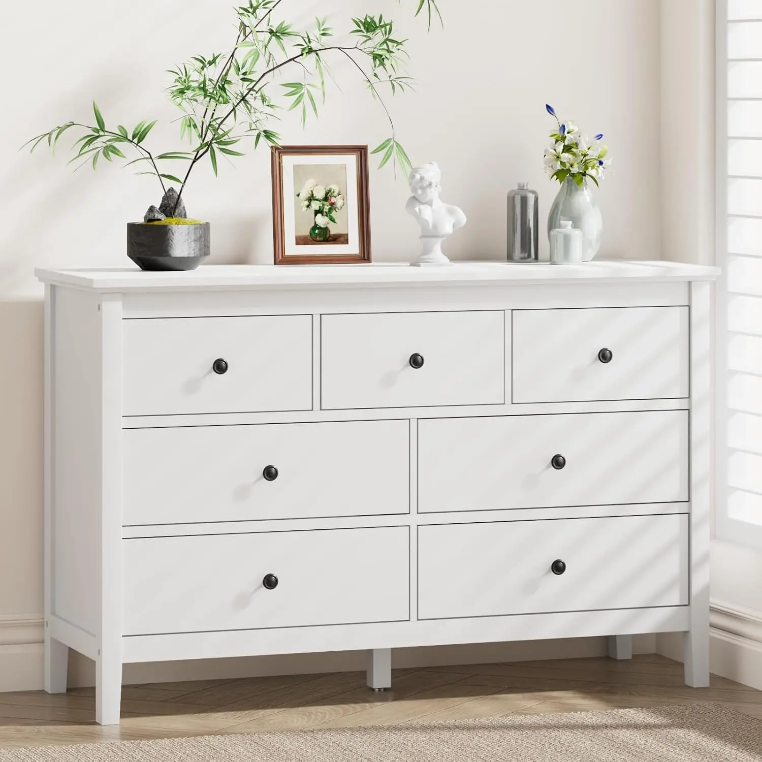 White Dresser for Bedroom, 7 Drawer Dresser with Wide Drawers and Metal Handles, Woode Dressers & Chests of Drawers for Hallyway