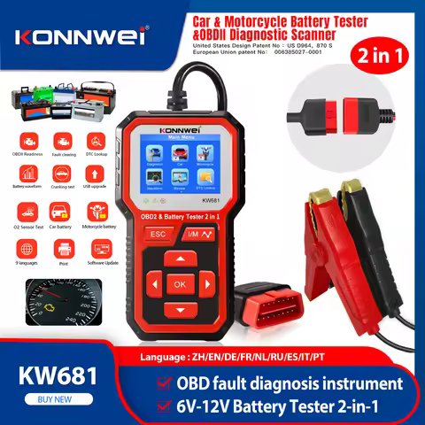2025 KONNWEI KW681 6V 12V Car Moto Battery Tester Professional OBD2 Auto Diagnostic Tool 2 in1 2000 CCA Car Diagnostics Scanner