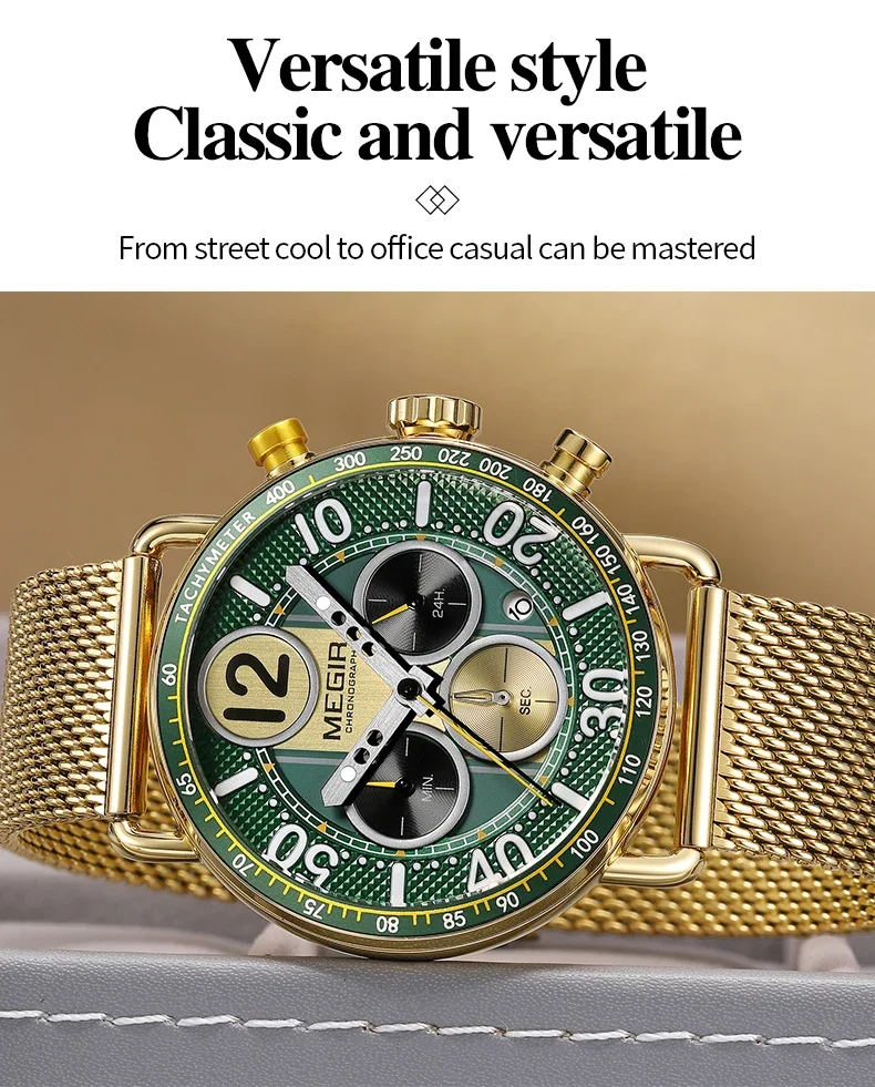 MEGIR Waterproof Quartz Watch with Blue Dial Chronograph Stainless Steel Mesh Strap Date Multifunctional Sports Wristwatch Brig