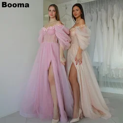 Booma Gillter A Line Long Prom Dresses Sweetheart Off Shoulder 3D Flowers Evening Party Dresses Leg Slit Formal Occasion Gowns