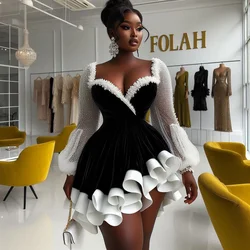 Black &White Plus Size Cocktail Dresses With Sweetheart Long Sleeves Ruffles Two Layers Aso Ebi Prom Dress Formal Party Gowns