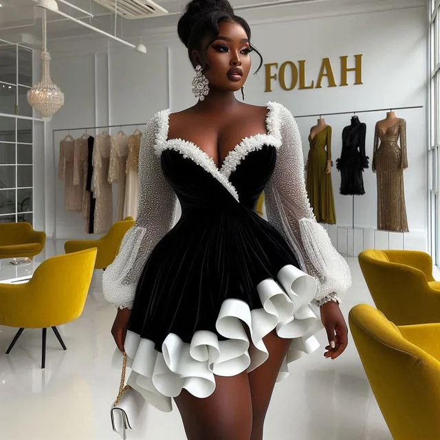 Czarno-białe sukienki koktajlowe Plus Size z długimi rękawami Sweetheart i falbanami Dwuwarstwowa sukienka Aso Ebi Prom Dress Formal Party Gowns