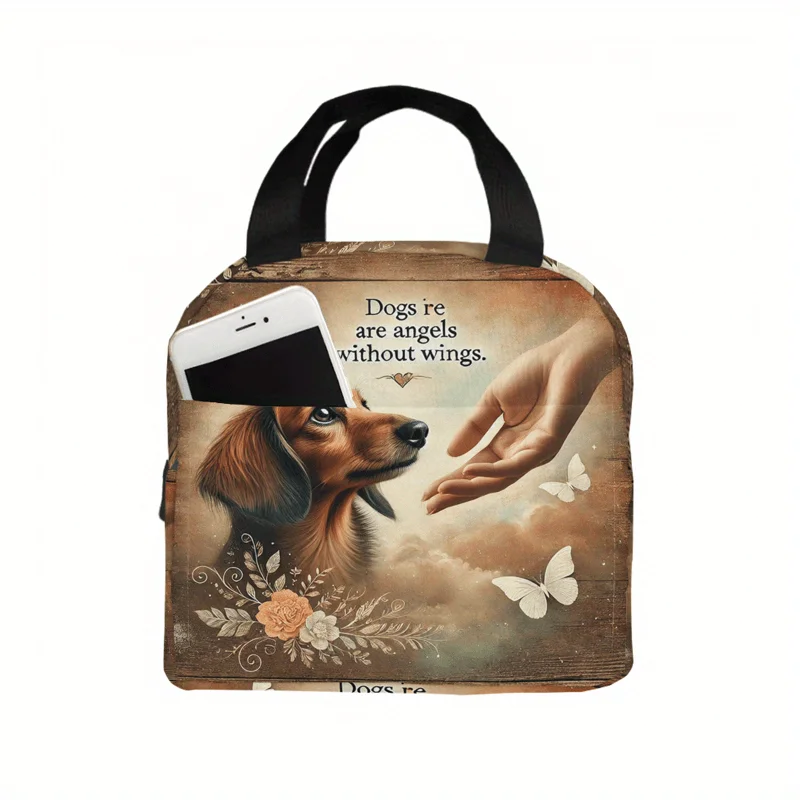 

1 шт., изолированная сумка для обеда с принтом «Собака, отправлена ангелами», прочная, безопасная для пищевых продуктов, ручная стирка, белая с ярким цветочным принтом