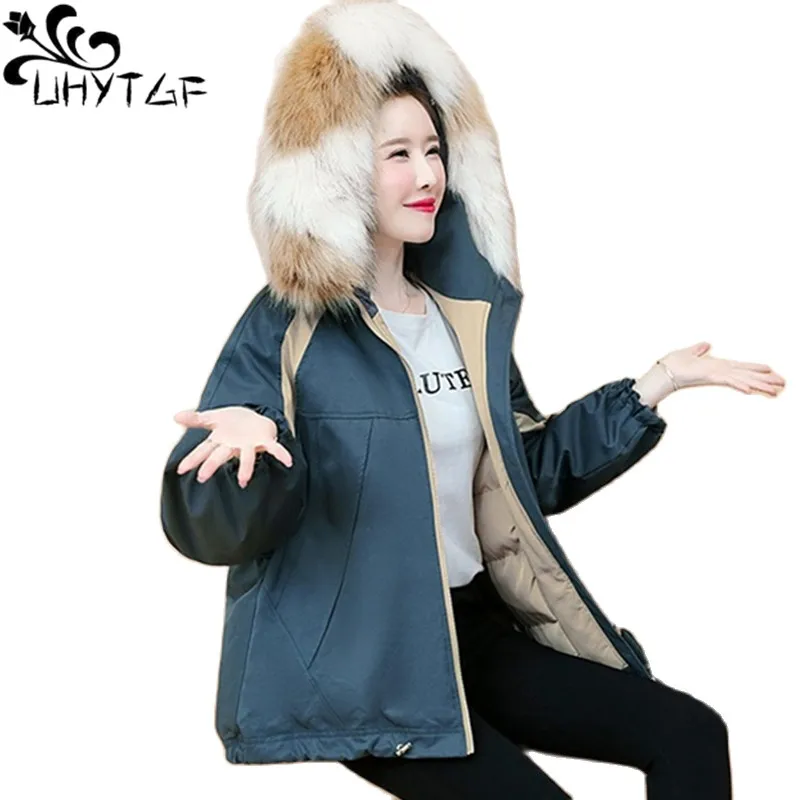 

UHYTGF Winter Coat For Women New Fur Collar Hooded Cold-Proof Warm Down Cotton Jacket Female Casual Student Parker Overcoat 2389