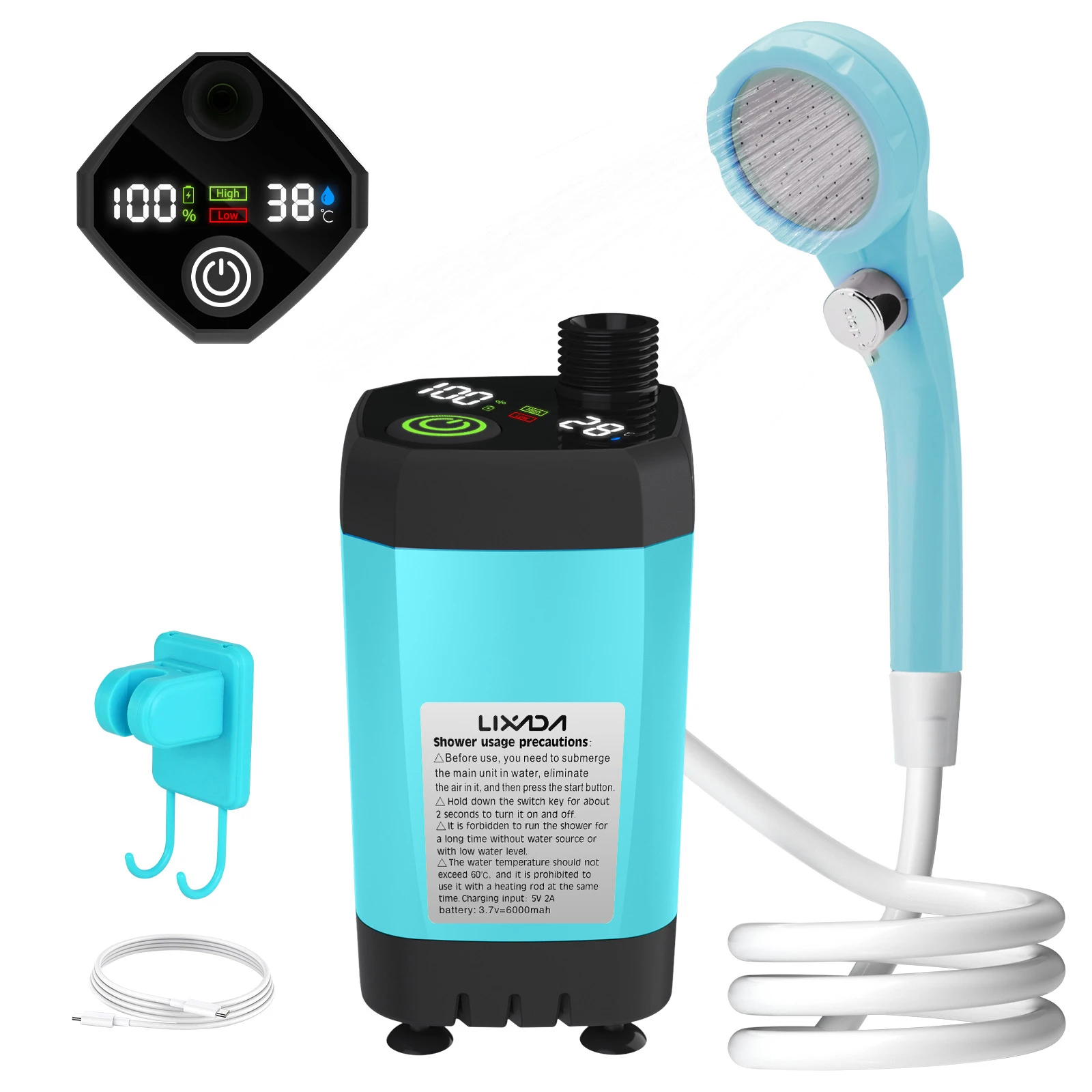 Campingdouchepomp RV buitendoucheset Kampdouche met volledig scherm Intelligent digitaal display Verstelbare 6000mAh doucheset