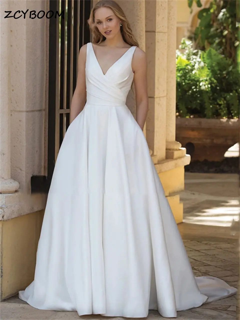 

Gorgeous White/Ivory V-Neck Wedding Dress With Pocket 2024 A-line Backless Button Satin Simple Bridal Gowns Vestido De Noiva