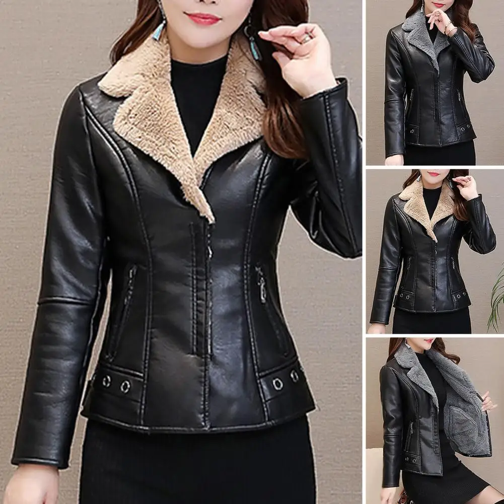 Women Jacket Casual Faux Leather Jacket Stylish Faux Leather Women\'s Jacket with Plush Lining Turn-down Collar Zipper for Slim