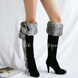 Winter Warm Plush Women Snow Boots Fashion Rabbit Fur Decor Over-The-Knee Strech Boots Sexy Ladies Thin High Heels Boots