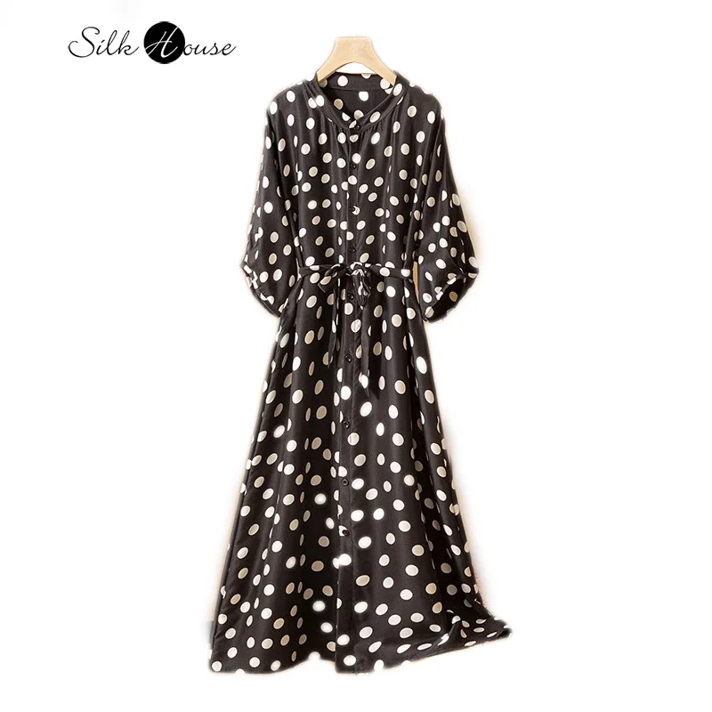 

Classic Black and White Large Polka Dot 100% Natural Mulberry Silk Satin Elegant Falling Shoulder Mid Sleeve Women's Party Dress