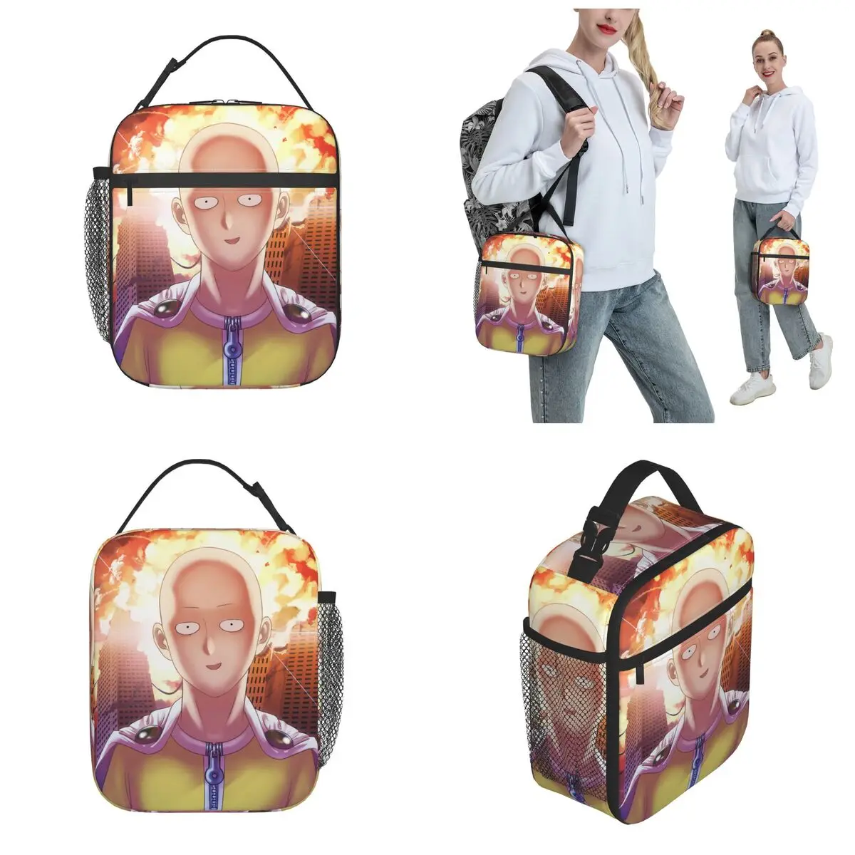 Saitama أنيمي معزول أكياس الغداء قدرة عالية واحد لكمة رجل وجبة الحاويات حقيبة للحفاظ على البرودة حمل علب الاغذية مكتب نزهة الرجال النساء