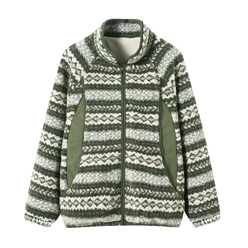 여성용 테이니드 페이스 라이닝 스탠드 칼라 양털 재킷 레트로 스타일 코트 따뜻한 폴리에스터 섬유 롱 슬리브 지퍼 클로저