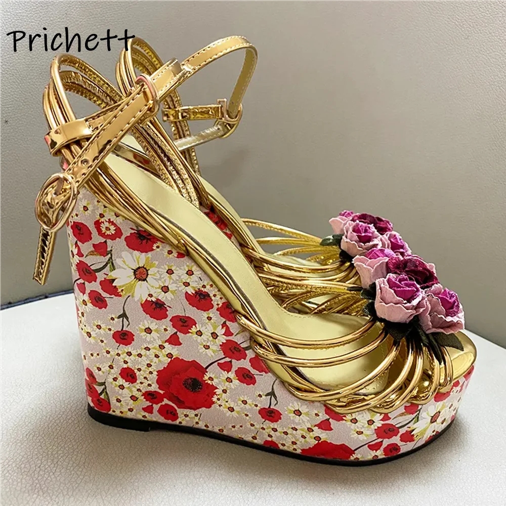 Cuñas Sandalias de oro rosa Plataforma floral Punta redonda Hebilla Correa Zapatos de banda estrecha Zapatos de lujo de estilo clásico de verano para mujer