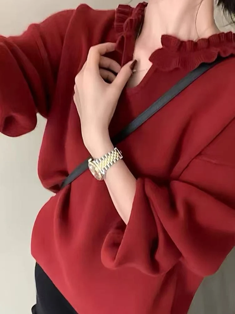 

Wooden Ear Small V-ne Pullover Knitted Sweater Autumn Winter Base Layer Women's New Basic Color Match All Pure S...