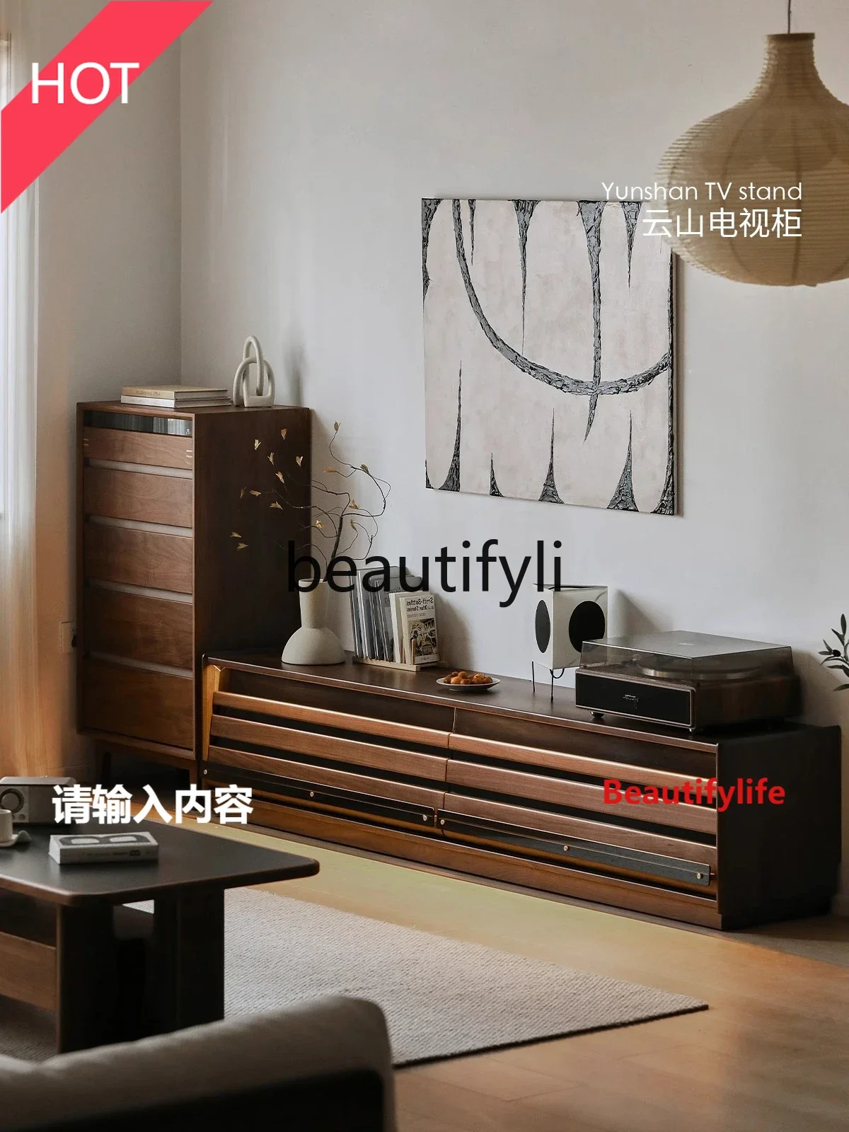 

A07 Шкаф под телевизор от пола до потолка из черного ореха Маленькая квартира Гостиная Домашний напольный шкаф Шкаф под телевизор в скандинавском стиле Массив дерева07