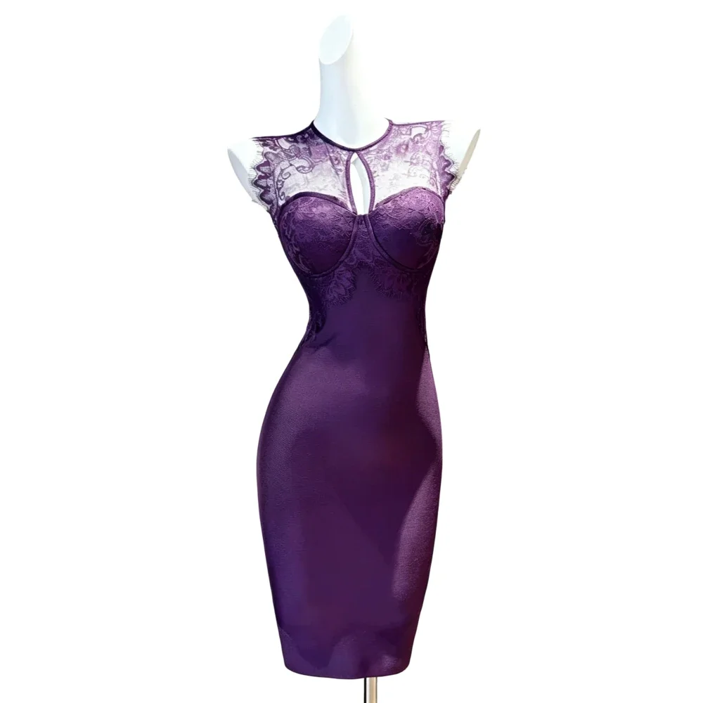 

Sexy Solid Lace Patchwork Mesh Wrap Dress Sleeveless Hollow out Waist Cinched Bodycon Mini Dress Nightclub Style Cross Prom Gown