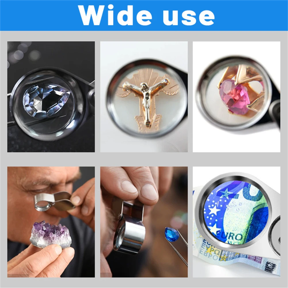 40X25Mm Led Lichtgevende Opvouwbare Vergrootglas Draagbare Handheld Metalen Sieraden Vergrootglas Met Led Uv Lamp Juweliers Eye Glass