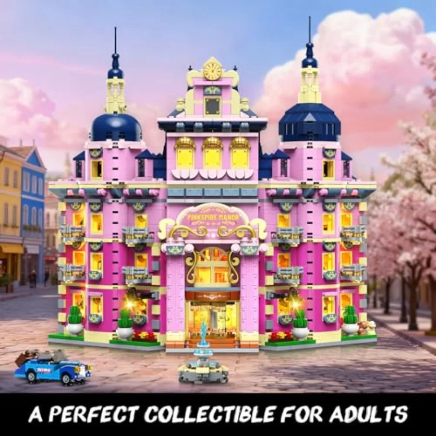 Pink Estate House Building Set with Lights, 3 Style Pinkspire Construction Model with Car Fountain, 1815 PCS Friends Villa Castl