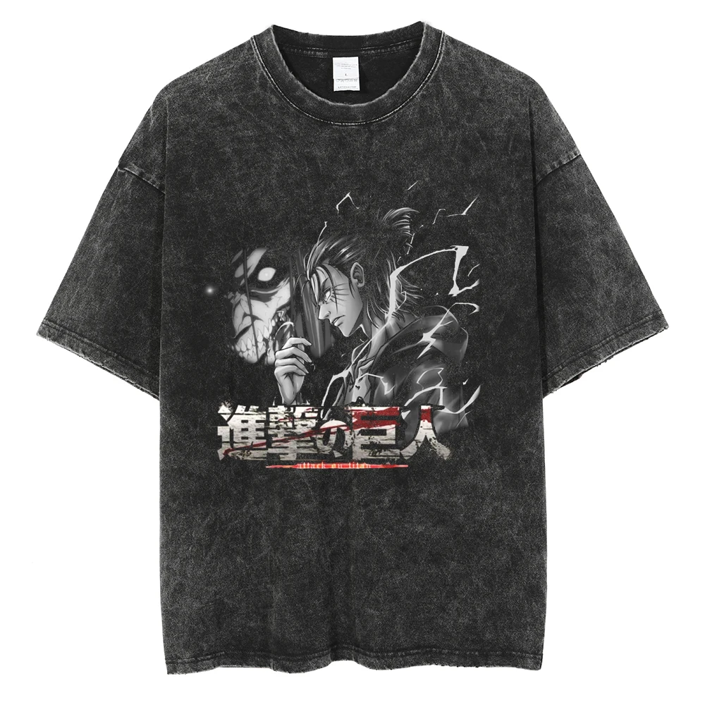 

Shingeki No Kyojin 2026 Streetwear Washed Black Oversized Short Sleeve Casual Daily Wear Eren Yeager & Founding Titan Art