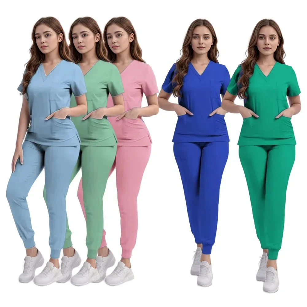 

Women Medical Uniforms Scrubs Set Hospital Surgical Gowns Short Sleeve Tops Pant Nursing Accessories Doctors Clothes Work Wear