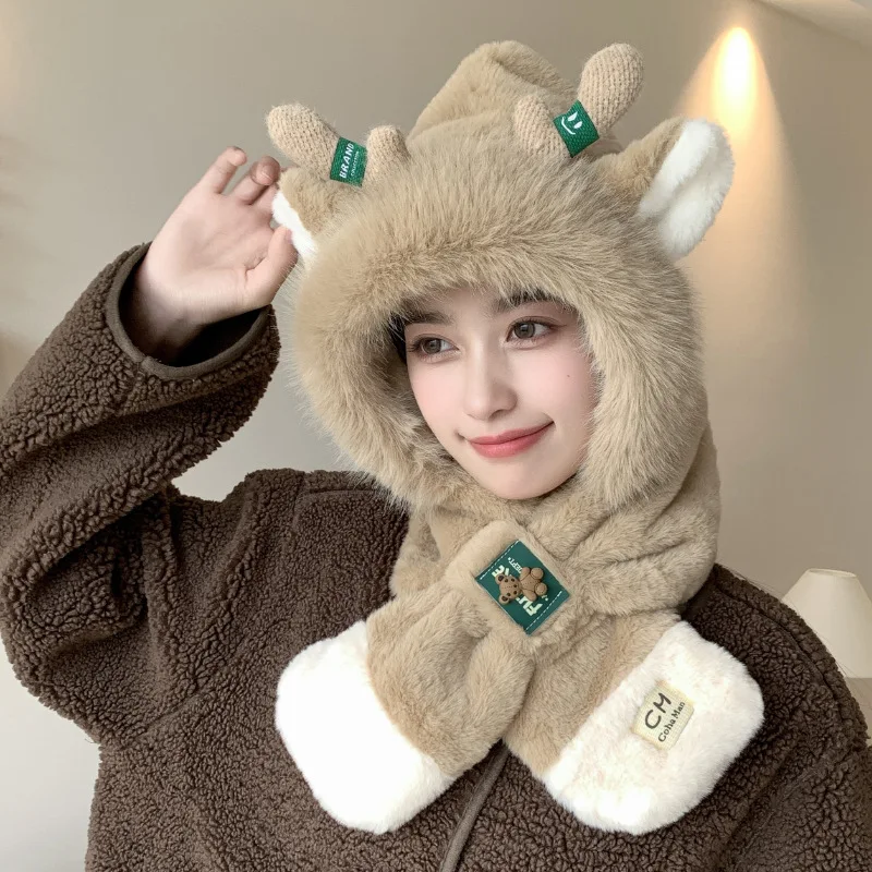 Ladies' autumn and winter deer antler warm hat scarf two-piece set, thickened warm windproof and cold resistant cycling hat