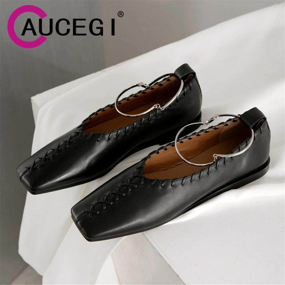 

Aucegi Women Square Toe Flats Comfortable Low Thick Heels Metal Ankle Ring Buckle Strap Plus Size 34-43 Casual Shoes For Ladies
