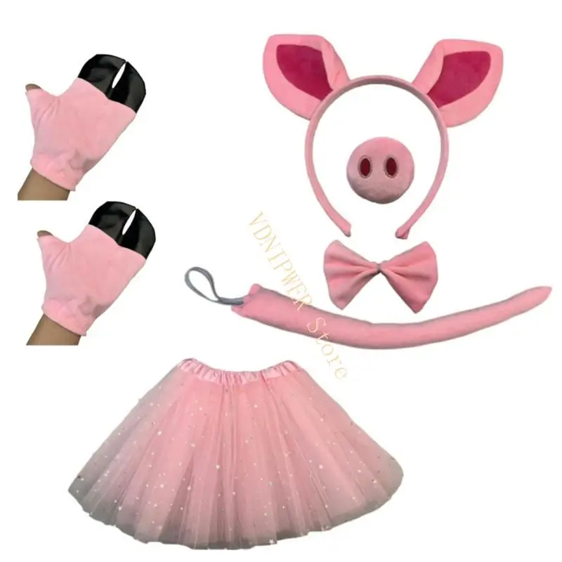 

6/7Pcs Pig Costume Set Pig Ears Headband Pig Nose Tail Bows Animal Fancy Costume Accessories Party Decorations D08E