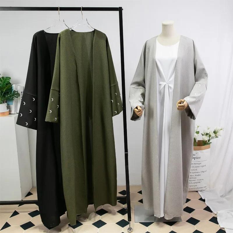 Luźne Kaftan muzułmańskie abaje damska odzież islamska haft w kształcie księżyca otwarty przód Abaya z długim rękawem sukienka Maxi damska Jilbabs