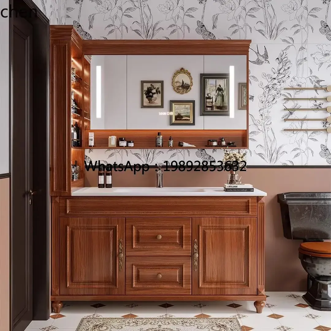 

XX French retro style bathroom cabinet combination floor-to-ceiling side locker paint solid wood washbasin cabinet