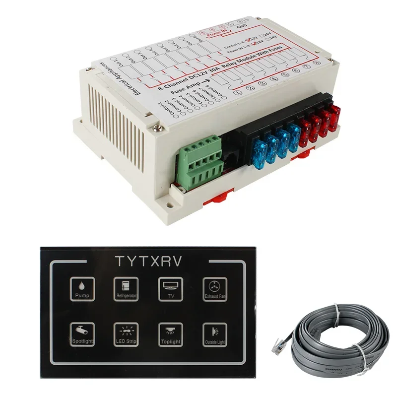 12V 8-Way Caravan Switch Panel LED Blue Light Touch Control Panel Box With Relay