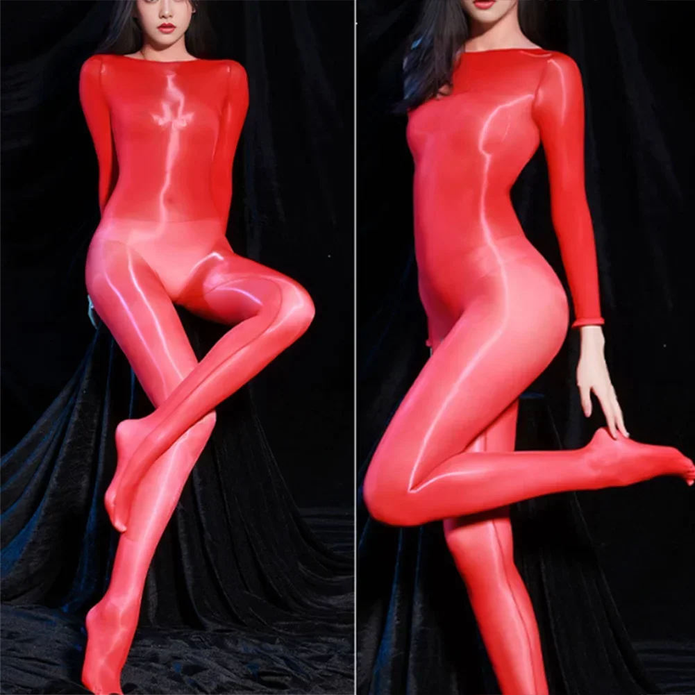 مريح أزياء Bodystocking كامل Bodystocking عالية تمتد طويلة الأكمام س الرقبة العادية مثير حريري ضيق بذلة