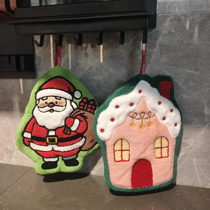 Cute Cartoon Christmas Hanging Hand Towels Super Absorbent Soft Coral Fleece Perfect For Kitchen Bathroom Holiday Home Decor