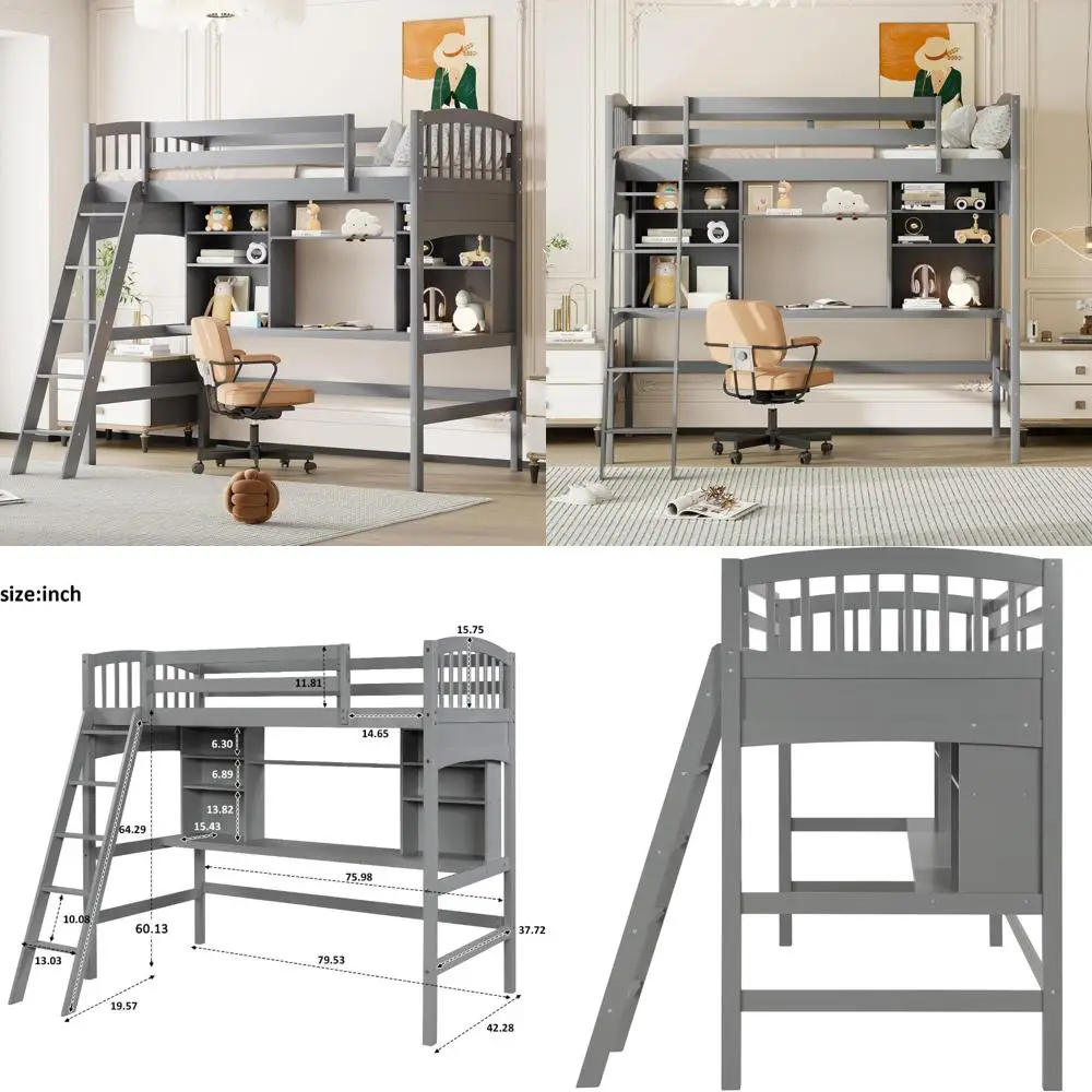 Gray Twin Size Merax Loft Bed with Desk and Storage Shelves