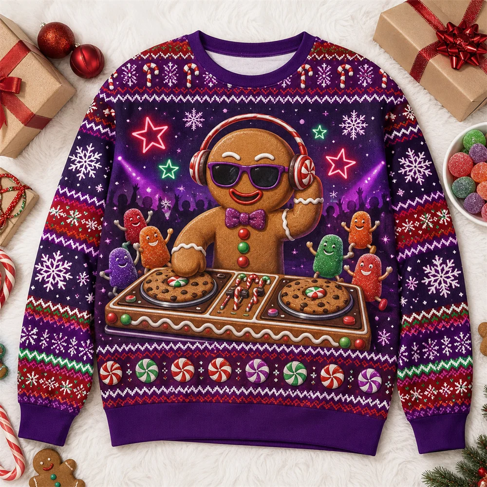 Humorvoller 3D-Druck Lebkuchenmann Weihnachts-Pulli für Männer und Frauen, Weihnachtsgeschenke für Backbegeisterte, Pullover-Sweatshirt – Detail 5