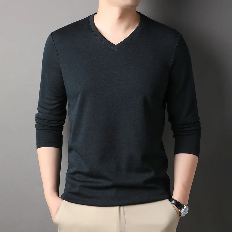 Top Quality Wool 4.7% New Fashion Luxury Brand Mens V Neck t Shirt Solid Color Soft Long Sleeve Tops Casual Men Clothing
