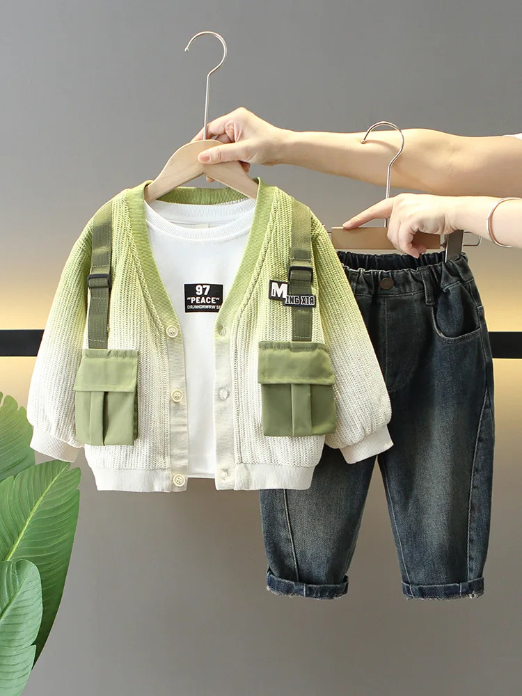 

2024 Girl Spring Autumn Children Boy 3PCS Clothing Set Cotton Knit Cardigan+T-Shirts+Solid Jeans Pants Baby Boys Outfits 1-6Year